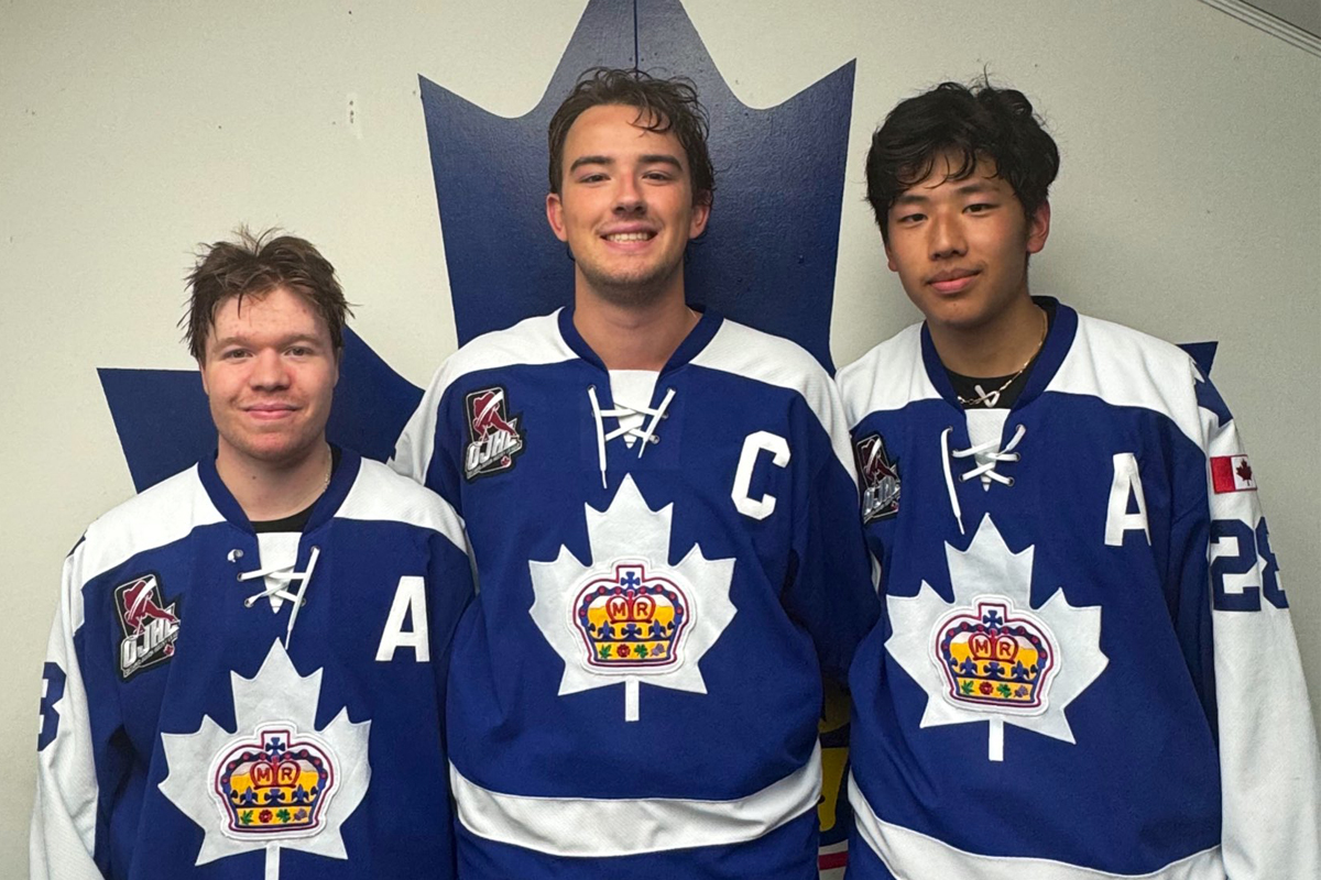 The Markham Royals leadership group for 2024/25. Left to right - #8 Owen Fergusson (Alternate captain), #15 William Godfrey (Captain), #28 Ashton Miwa (Alternate Captain)
